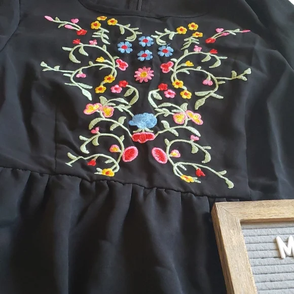 Black Multicolor Stitch Floral Embroidered Mini Dress - Picture 11 of 11
